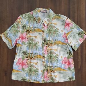Vintage Jamaica Bay Women's Tropical Button Down Short Sleeve Shirt - XL